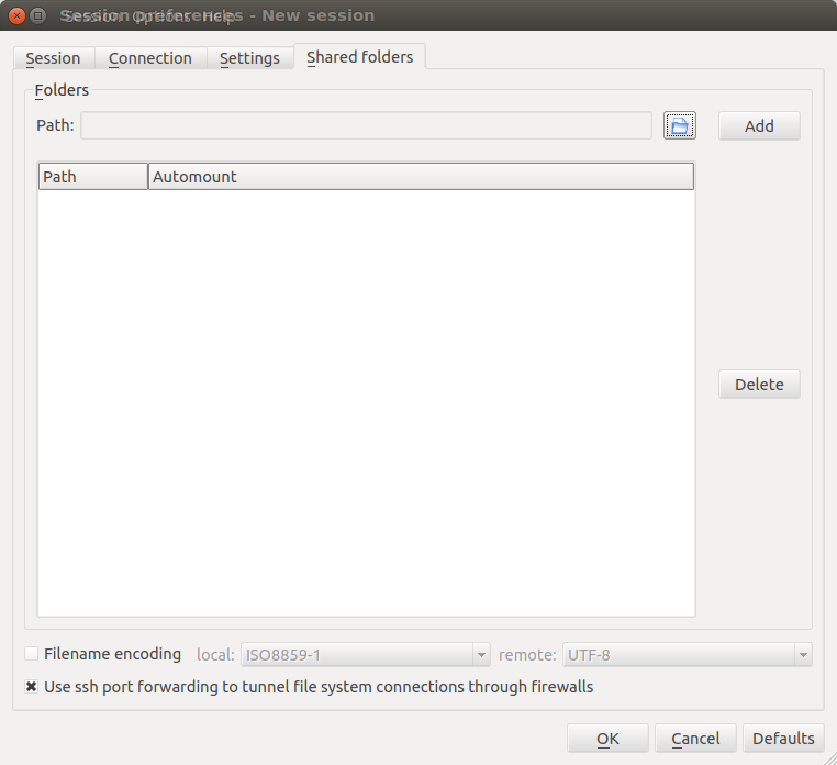 Schermata Shared folders della configurazione nuova sessione